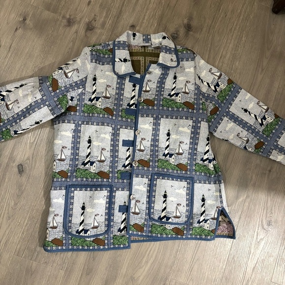 Vtg 90s Blair Nautical Sailboat Lighthouse Tapestry Jacket Lined Sz 2XL Coastal - Picture 9 of 14